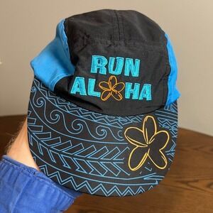 Headsweats Run Aloha Hat Adjustable Hawaii 5 Panel Cap Black Blue Flower Runners